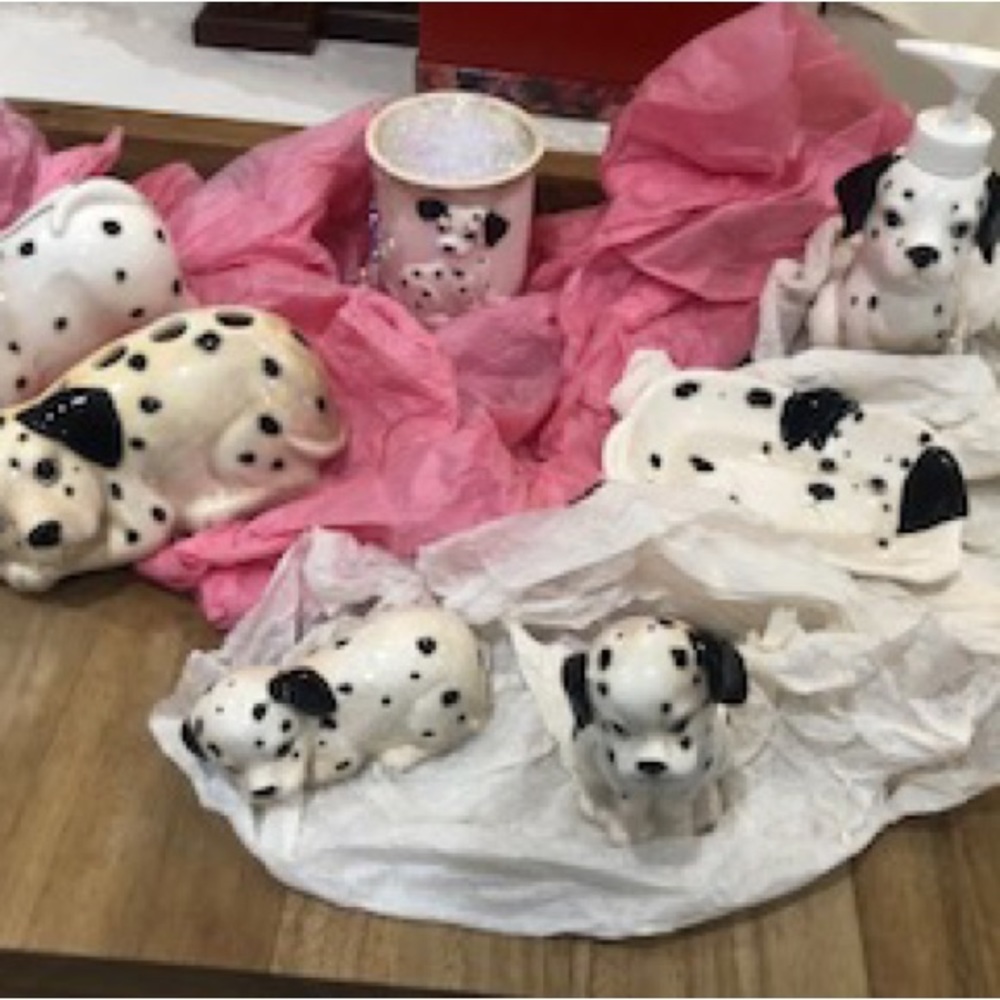 NWT Vtg Otagiri Dalmation Ceramic set Toothbrush Holder,Tumbler, Soap